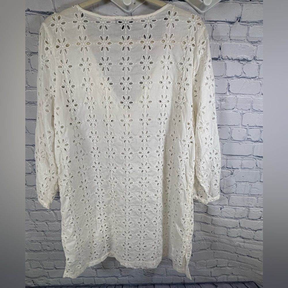 J Crew Cream Eyelet Long Sleeve Deep V Beach Resort Vacation Cover Up Dress L - Picture 2 of 12